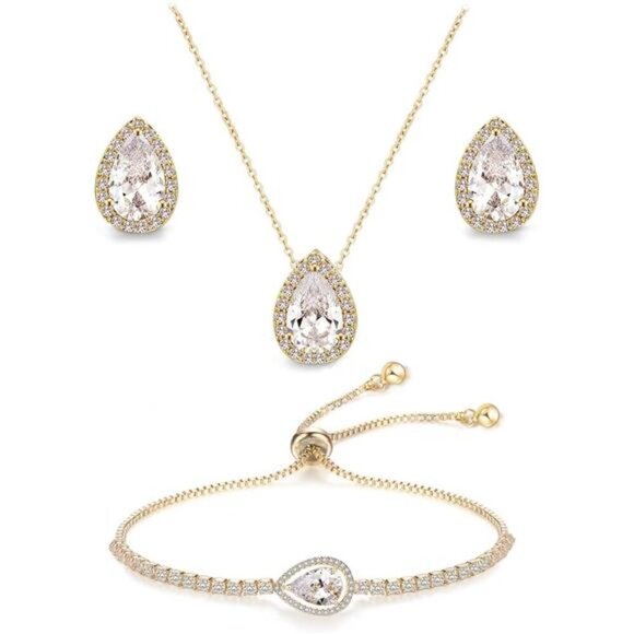 UDYLGOON CZ Tearsdrop Earrings Necklace Bracelet Jewelry Set For Bride - Picture 1 of 7